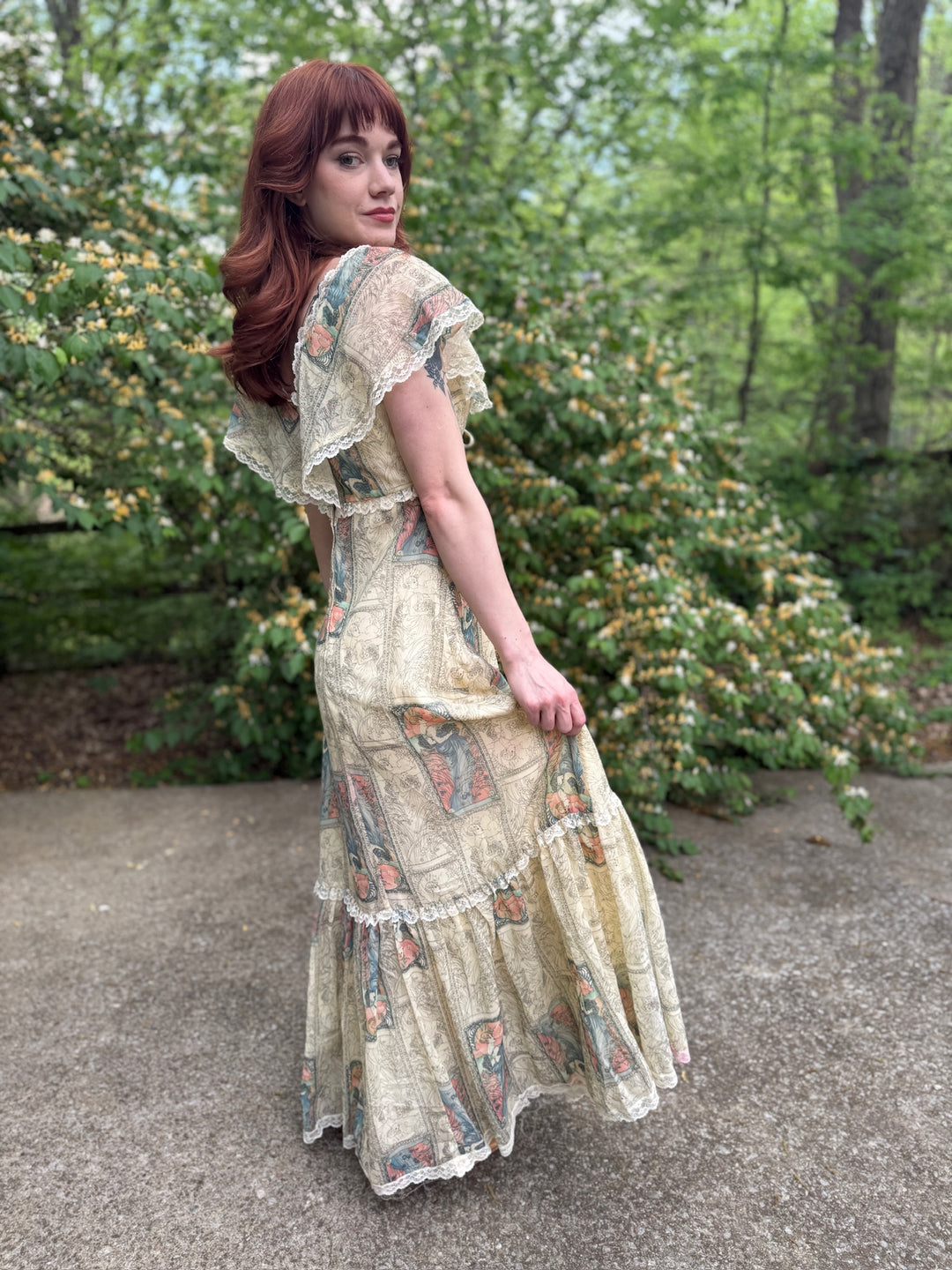 70s Ivory Cotton Gunne Inspired, Maxi Dress, Nouveaux Print