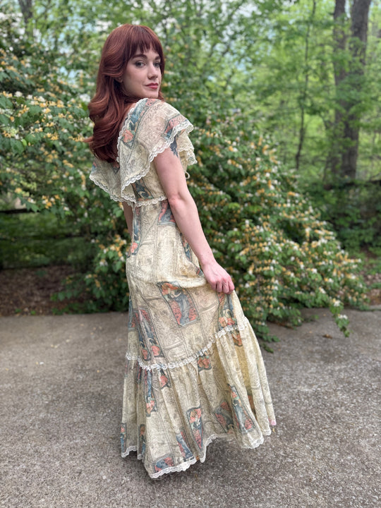 70s Ivory Cotton Gunne Inspired, Maxi Dress, Nouveaux Print