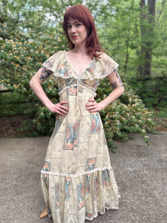 70s Ivory Cotton Gunne Inspired, Maxi Dress, Nouveaux Print