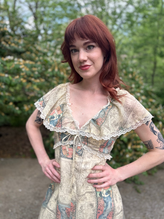 70s Ivory Cotton Gunne Inspired, Maxi Dress, Nouveaux Print