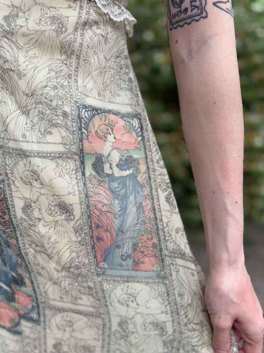 70s Ivory Cotton Gunne Inspired, Maxi Dress, Nouveaux Print