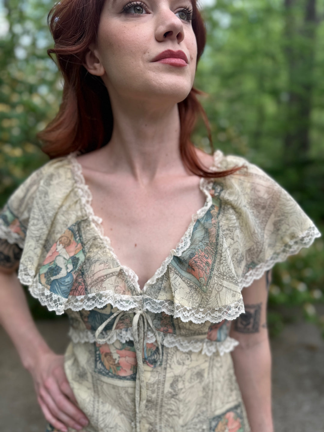 70s Ivory Cotton Gunne Inspired, Maxi Dress, Nouveaux Print