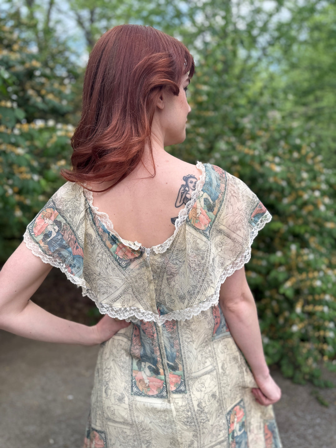 70s Ivory Cotton Gunne Inspired, Maxi Dress, Nouveaux Print