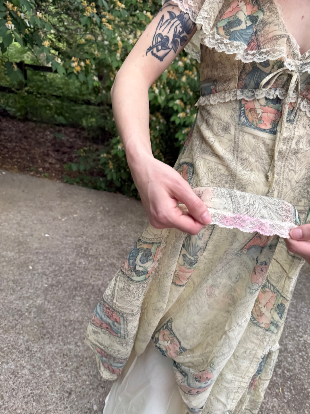 70s Ivory Cotton Gunne Inspired, Maxi Dress, Nouveaux Print
