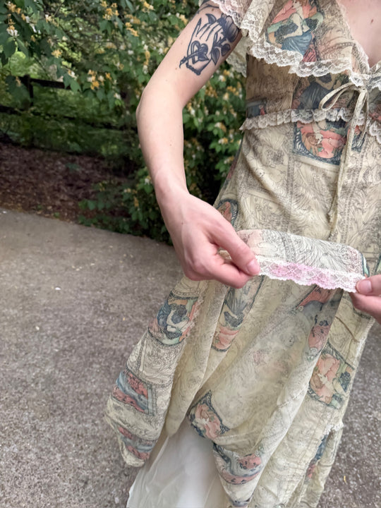 70s Ivory Cotton Gunne Inspired, Maxi Dress, Nouveaux Print