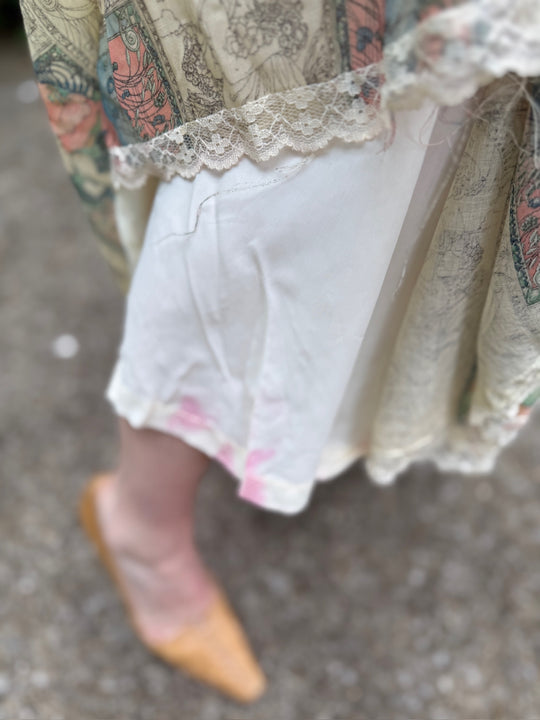 70s Ivory Cotton Gunne Inspired, Maxi Dress, Nouveaux Print