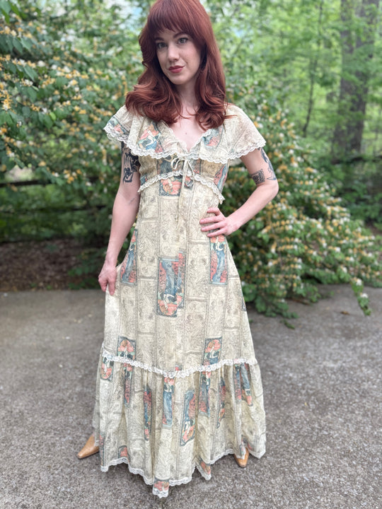 70s Ivory Cotton Gunne Inspired, Maxi Dress, Nouveaux Print