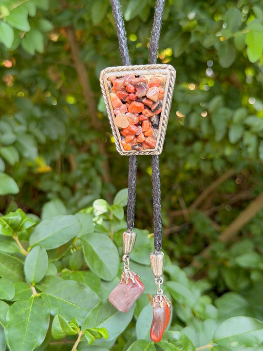 Black Leather Bolo Tie, Brown Tiny Semi Precious Gravel Stones