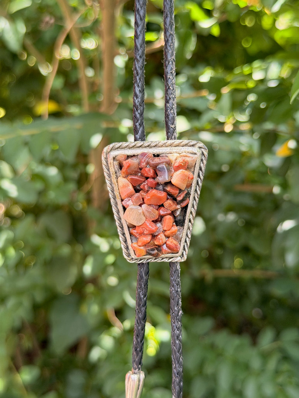 Black Leather Bolo Tie, Brown Tiny Semi Precious Gravel Stones