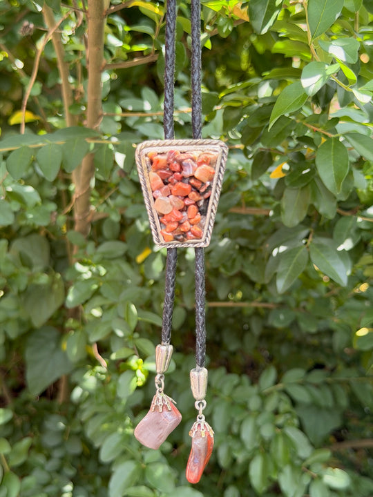 Black Leather Bolo Tie, Brown Tiny Semi Precious Gravel Stones