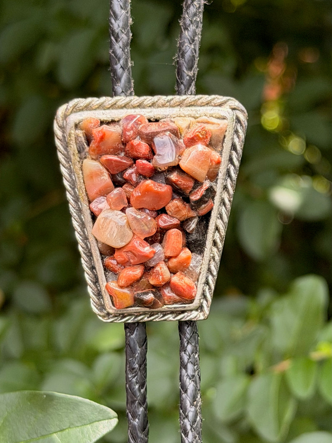 Black Leather Bolo Tie, Brown Tiny Semi Precious Gravel Stones