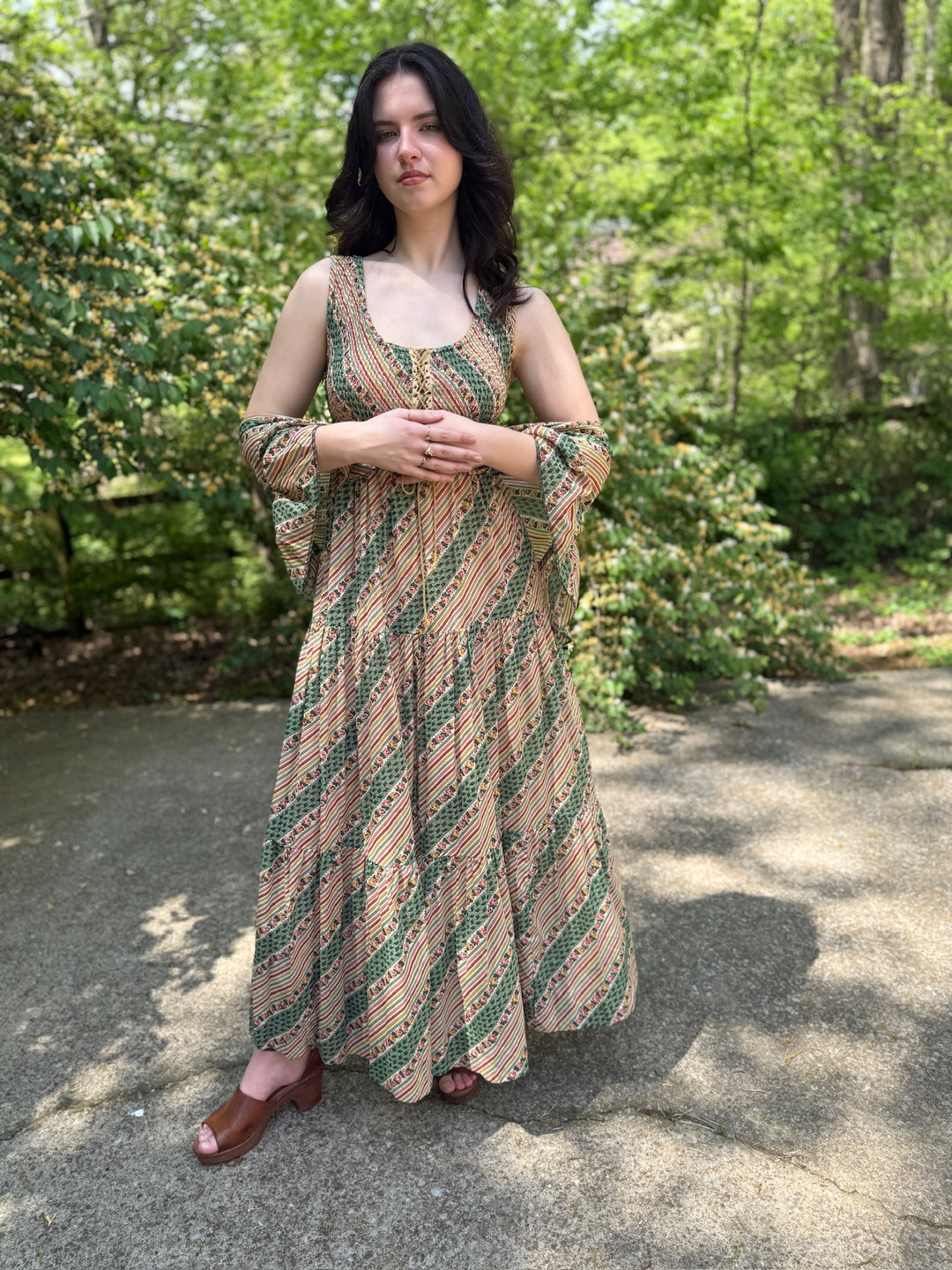 70s Green Tan Stripe Floral Cotton Maxi Dress with Shawl