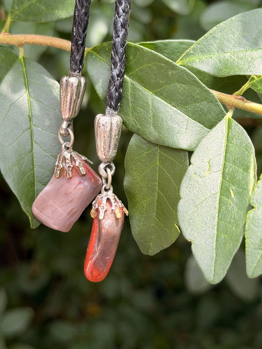 Black Leather Bolo Tie, Brown Tiny Semi Precious Gravel Stones