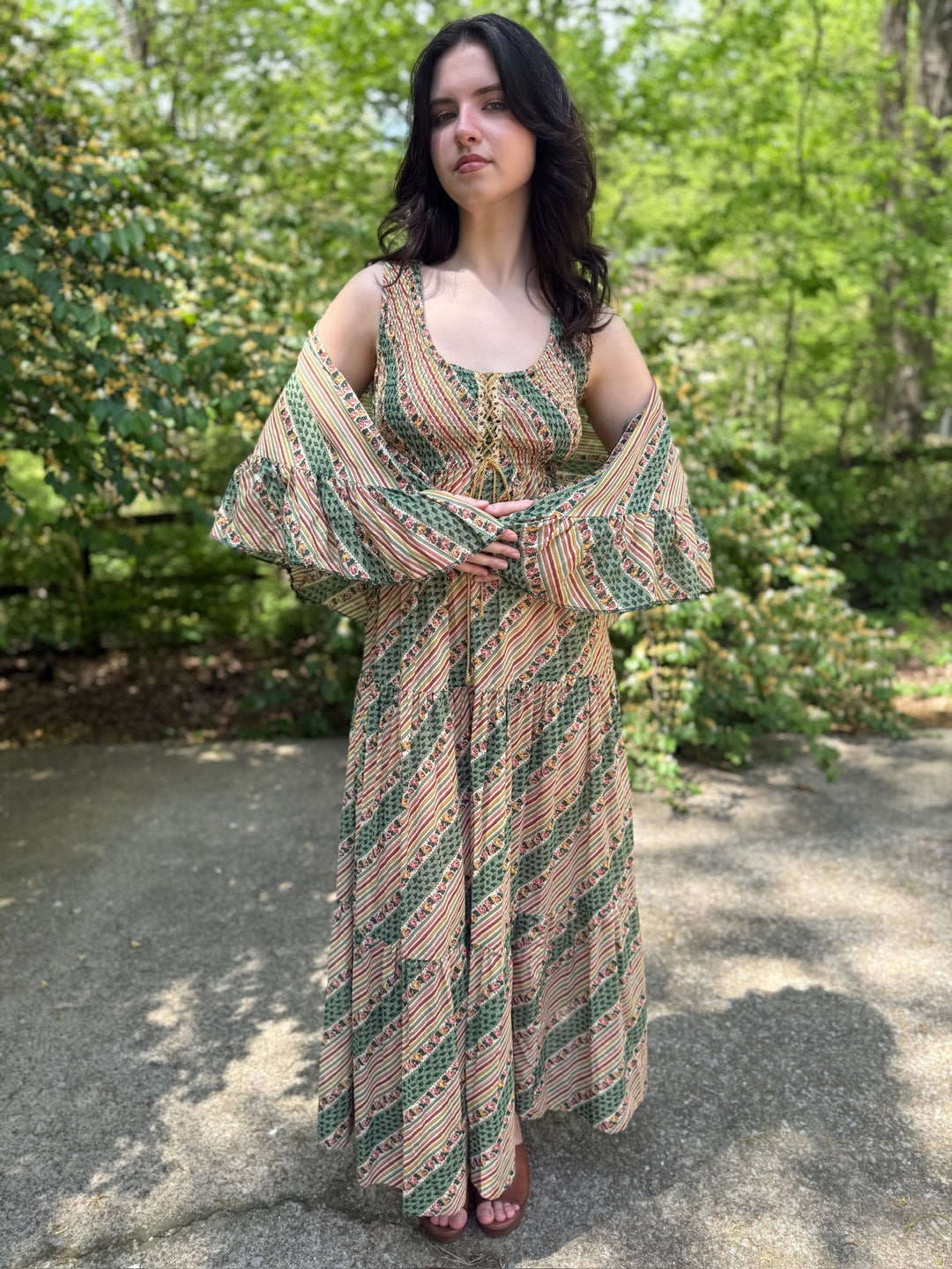 70s Green Tan Stripe Floral Cotton Maxi Dress with Shawl The Hip Zipper Nashville 70s Green Tan Stripe Floral Cotton Maxi Dress with Shawl The Hip Zipper Nashville