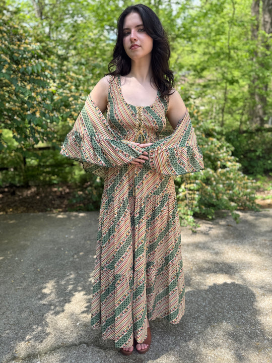 70s Green Tan Stripe Floral Cotton Maxi Dress with Shawl