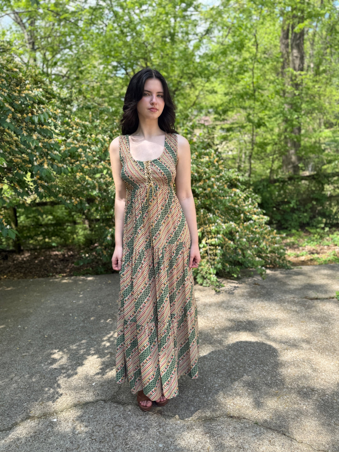 70s Green Tan Stripe Floral Cotton Maxi Dress with Shawl