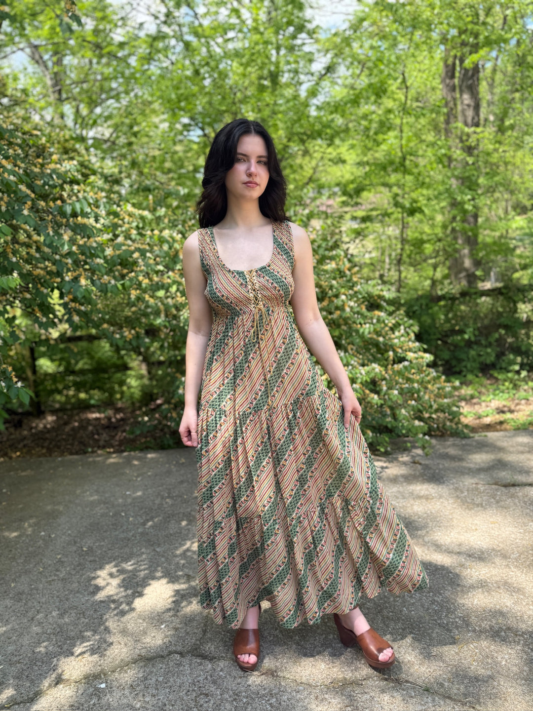 70s Green Tan Stripe Floral Cotton Maxi Dress with Shawl