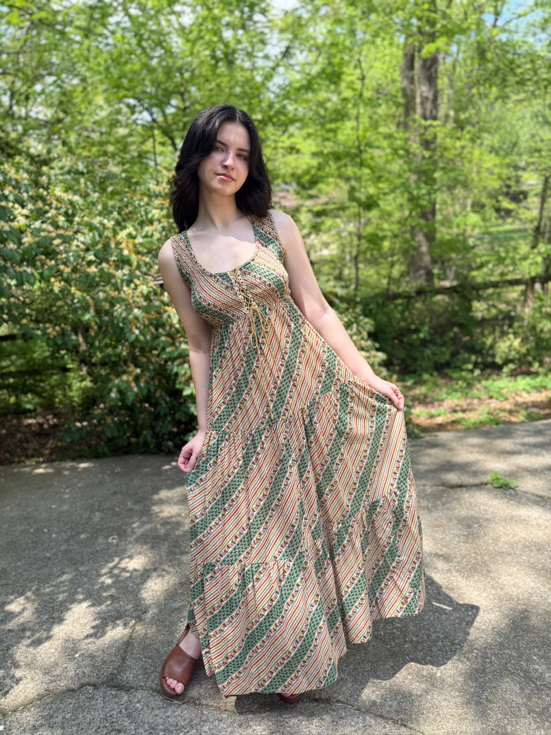 70s Green Tan Stripe Floral Cotton Maxi Dress with Shawl