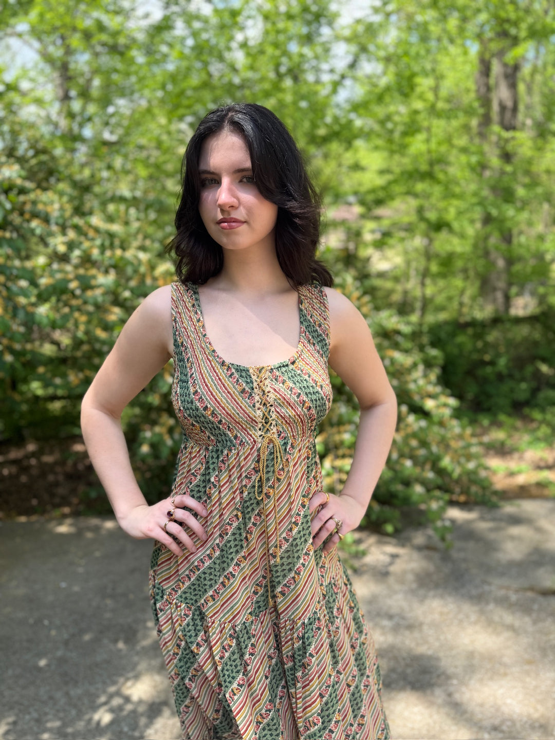 70s Green Tan Stripe Floral Cotton Maxi Dress with Shawl