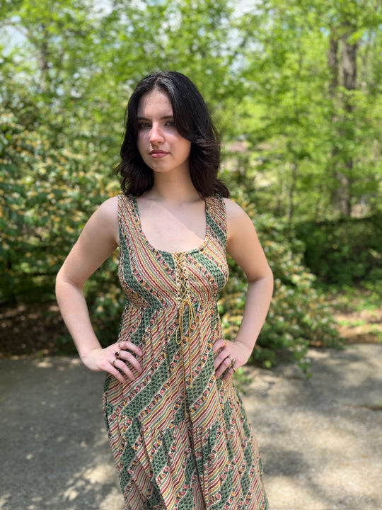70s Green Tan Stripe Floral Cotton Maxi Dress with Shawl