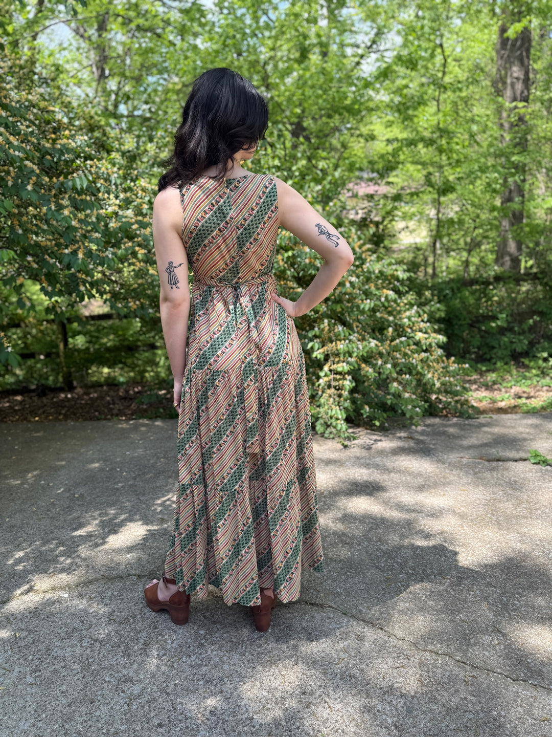 70s Green Tan Stripe Floral Cotton Maxi Dress with Shawl