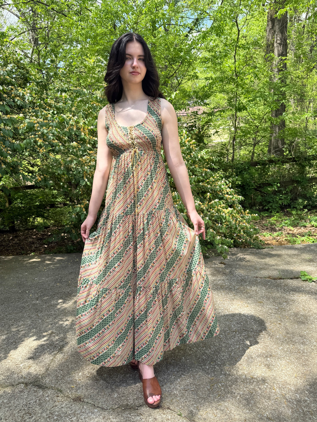 70s Green Tan Stripe Floral Cotton Maxi Dress with Shawl