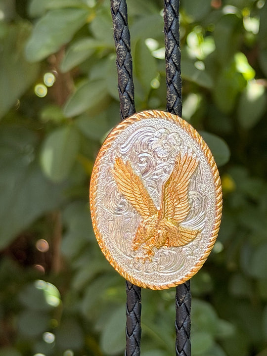 Black Bolo Tie with Ornate oval Eagle Slide