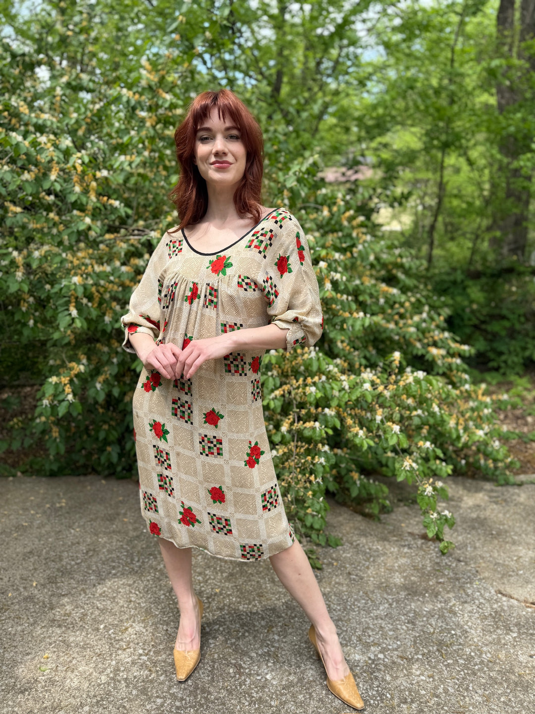 Vintage Tan Silk Rose Floral Geometric Shift Dress