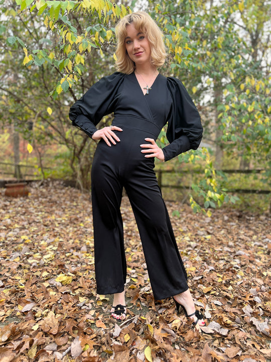 70s Black Polyester Vintage Jumpsuit, Jerell of Texas