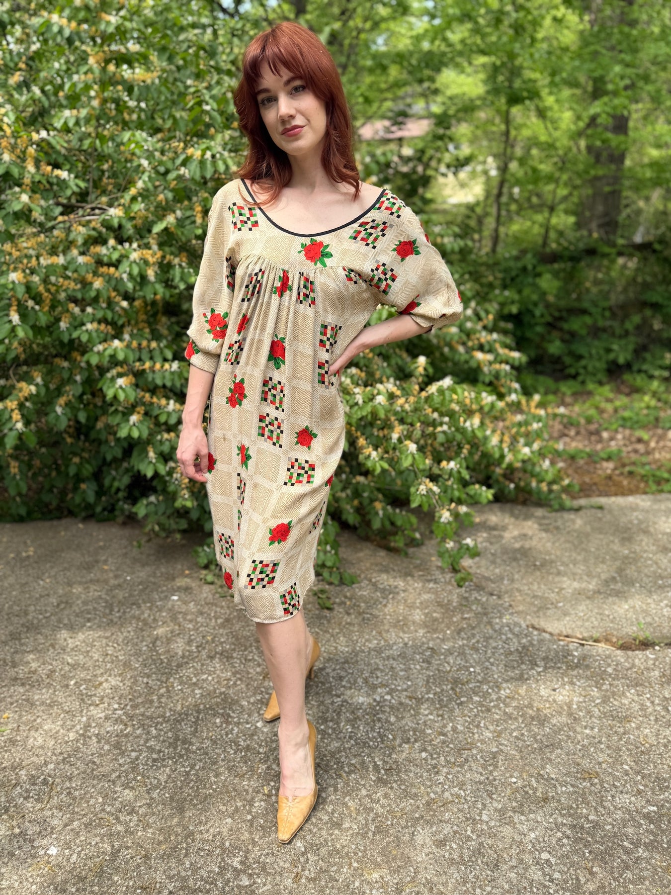 Vintage Tan Silk Rose Floral Geometric Shift Dress