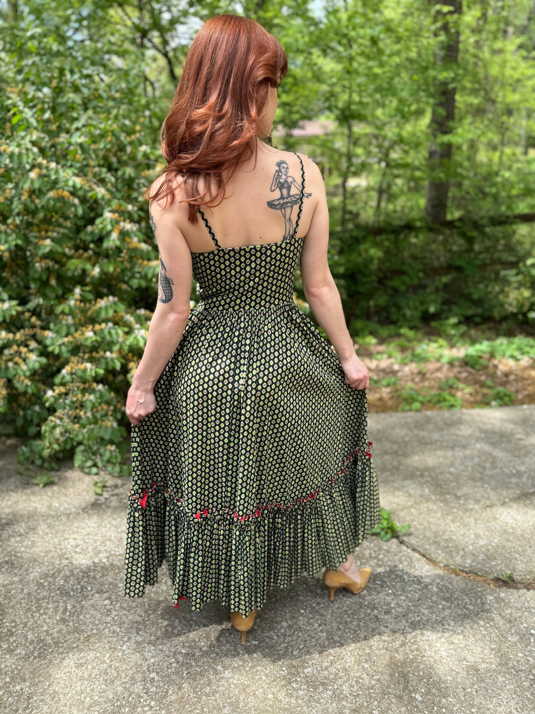 50s Green Red Cotton Print Sundress Jacket Set