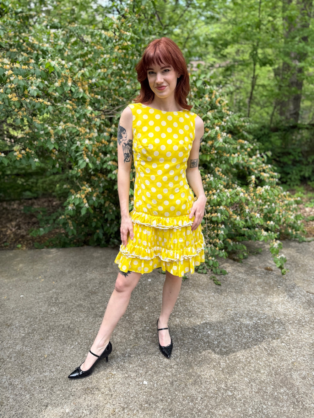Ladies 60s Yellow White Dot Sleeveless Shift Dress, Jan Sue of California