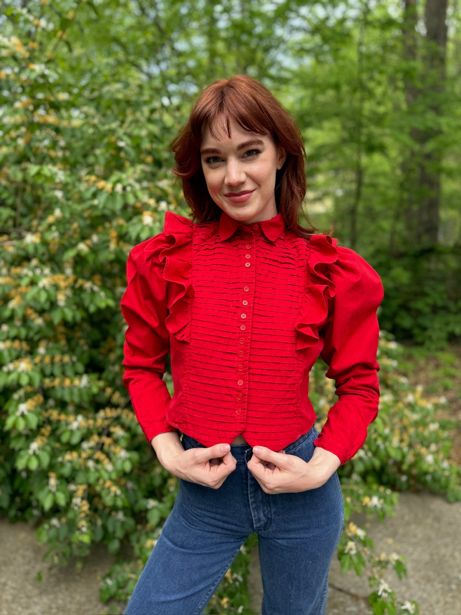 80s Red Cotton Cropped Shirt, Pintucked Ruffles by Details – The