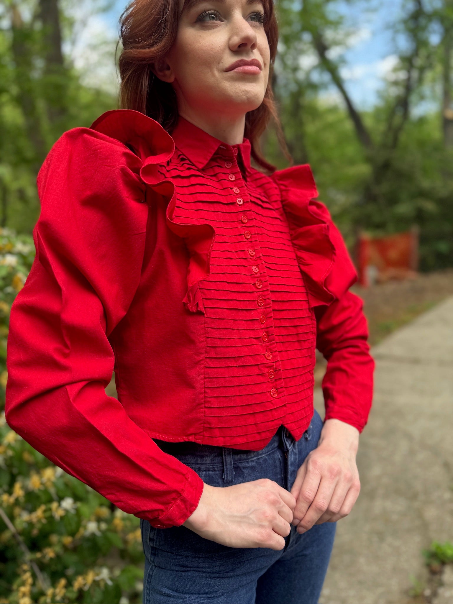80s Red Cotton Cropped Shirt, Pintucked Ruffles by Details – The