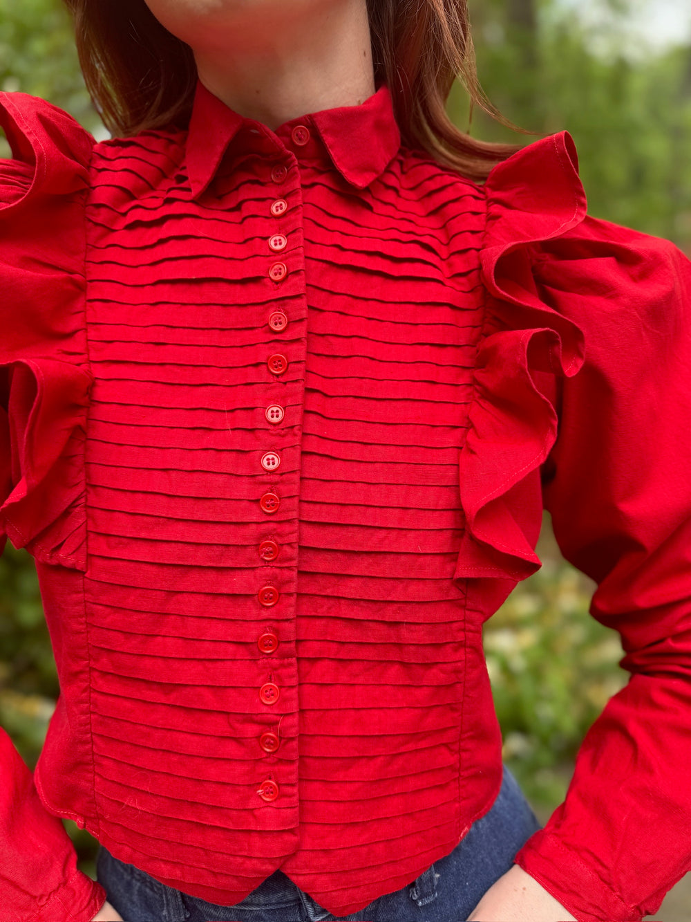 80s Red Cotton Cropped Shirt, Pintucked Ruffles by Details