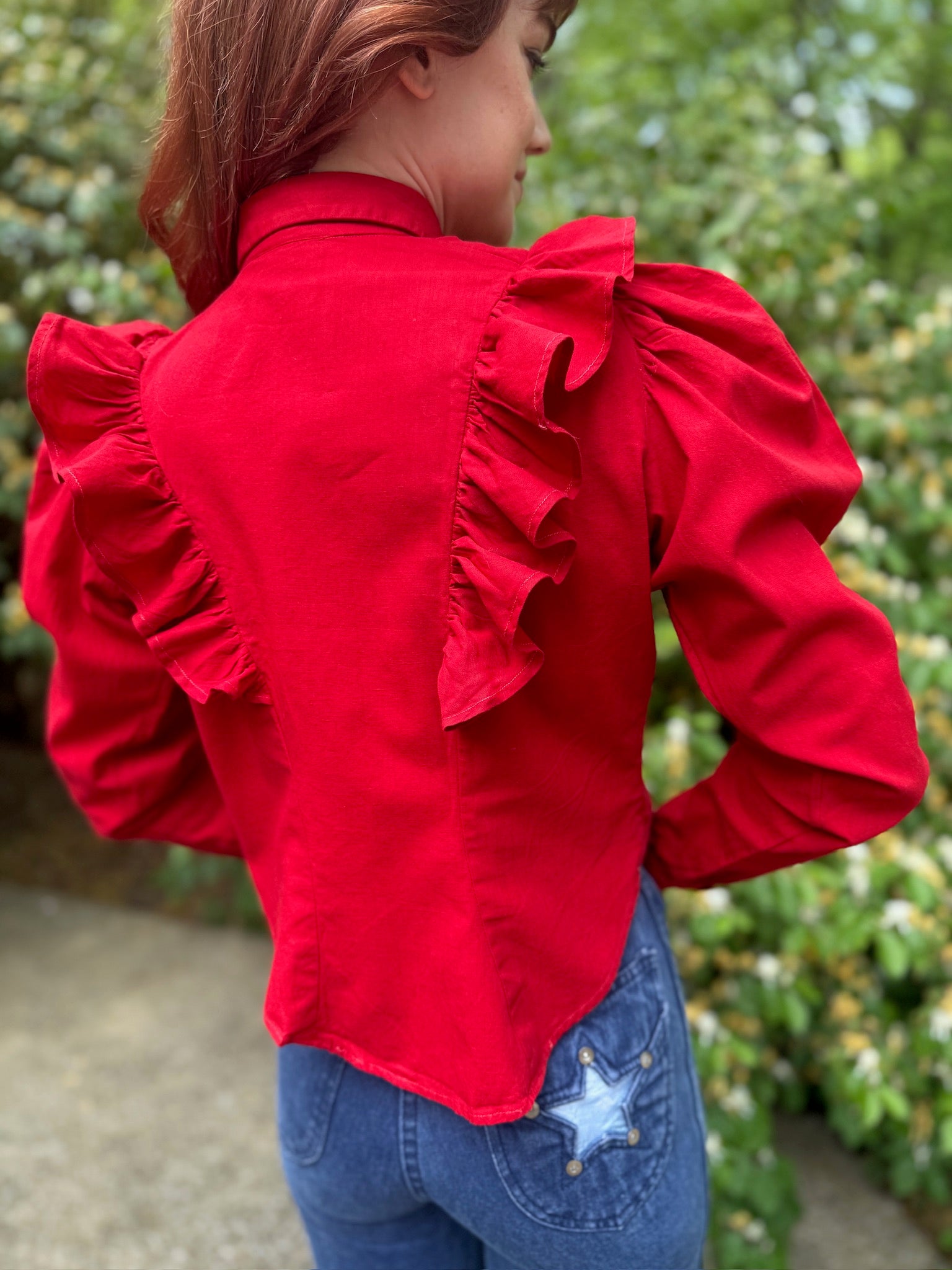 80s Red Cotton Cropped Shirt, Pintucked Ruffles by Details – The