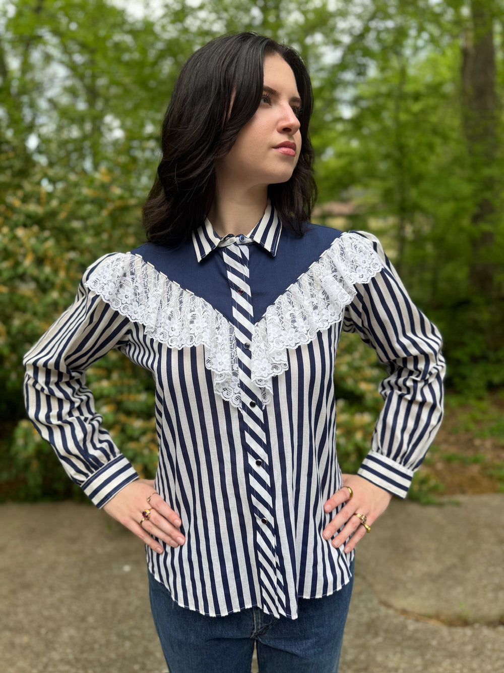 80s Blue White Striped Western Shirt, Kenny Rogers