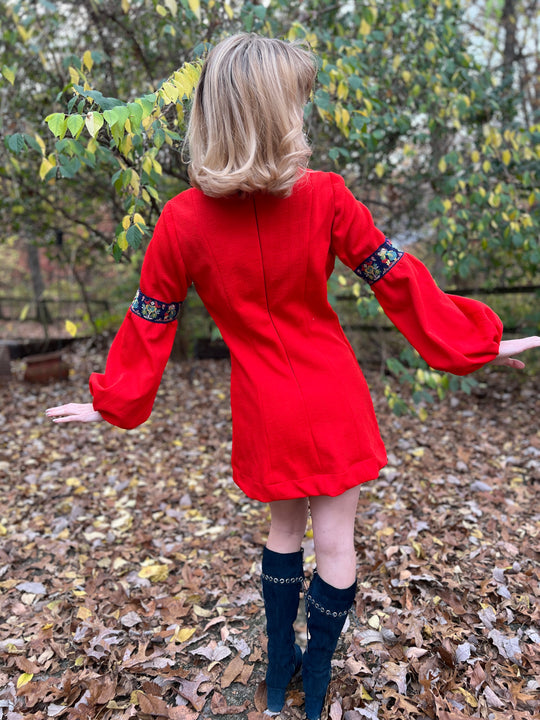 70s Red Knit Vintage Mini Dress, Balloon Sleeves
