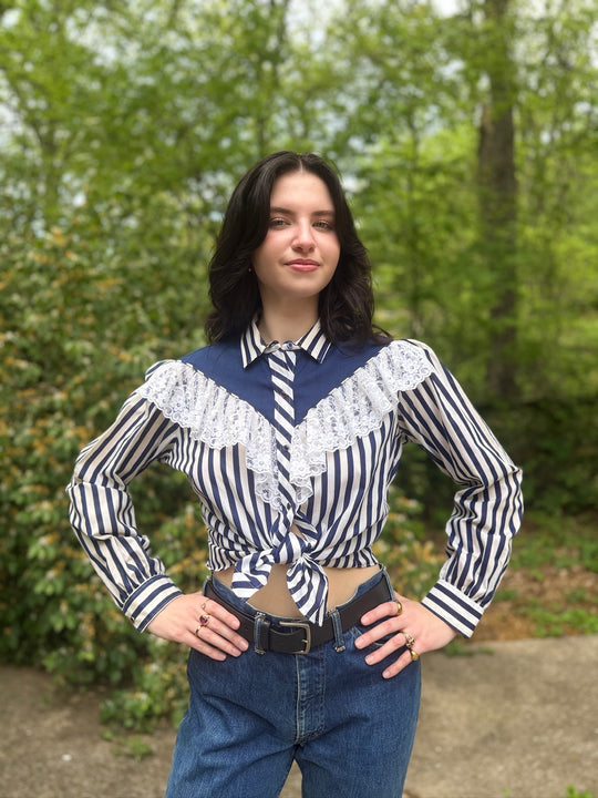 80s Blue White Striped Western Shirt, Kenny Rogers