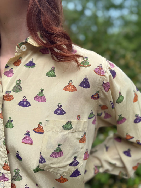 50s Silk Blouse, Southern Belle Novelty Print, The Merry Rounder