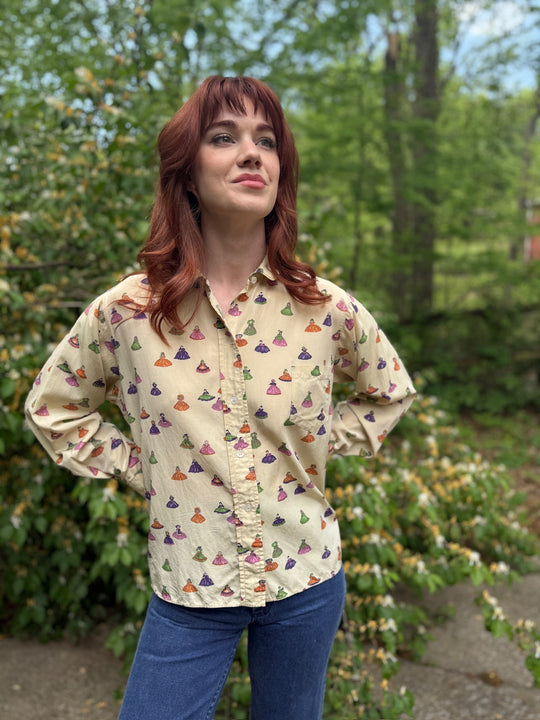 50s Silk Blouse, Southern Belle Novelty Print, The Merry Rounder