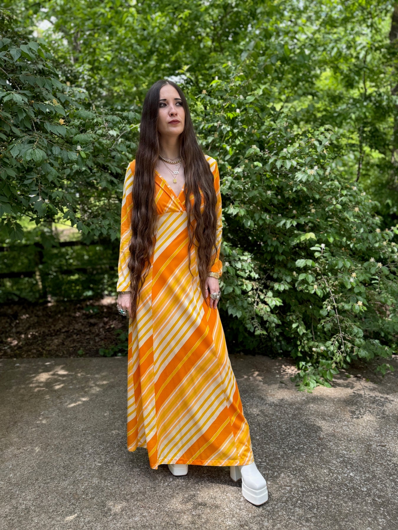 70s Yellow Orange Striped Nylon Maxi Dress, At Home Wear, Sears The Hip Zipper Nashville 70s Yellow Orange Striped Nylon Maxi Dress, At Home Wear, Sears The Hip Zipper Nashville