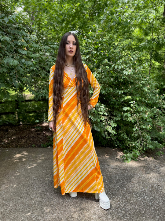 70s Yellow Orange Striped Nylon Maxi Dress, At Home Wear, Sears