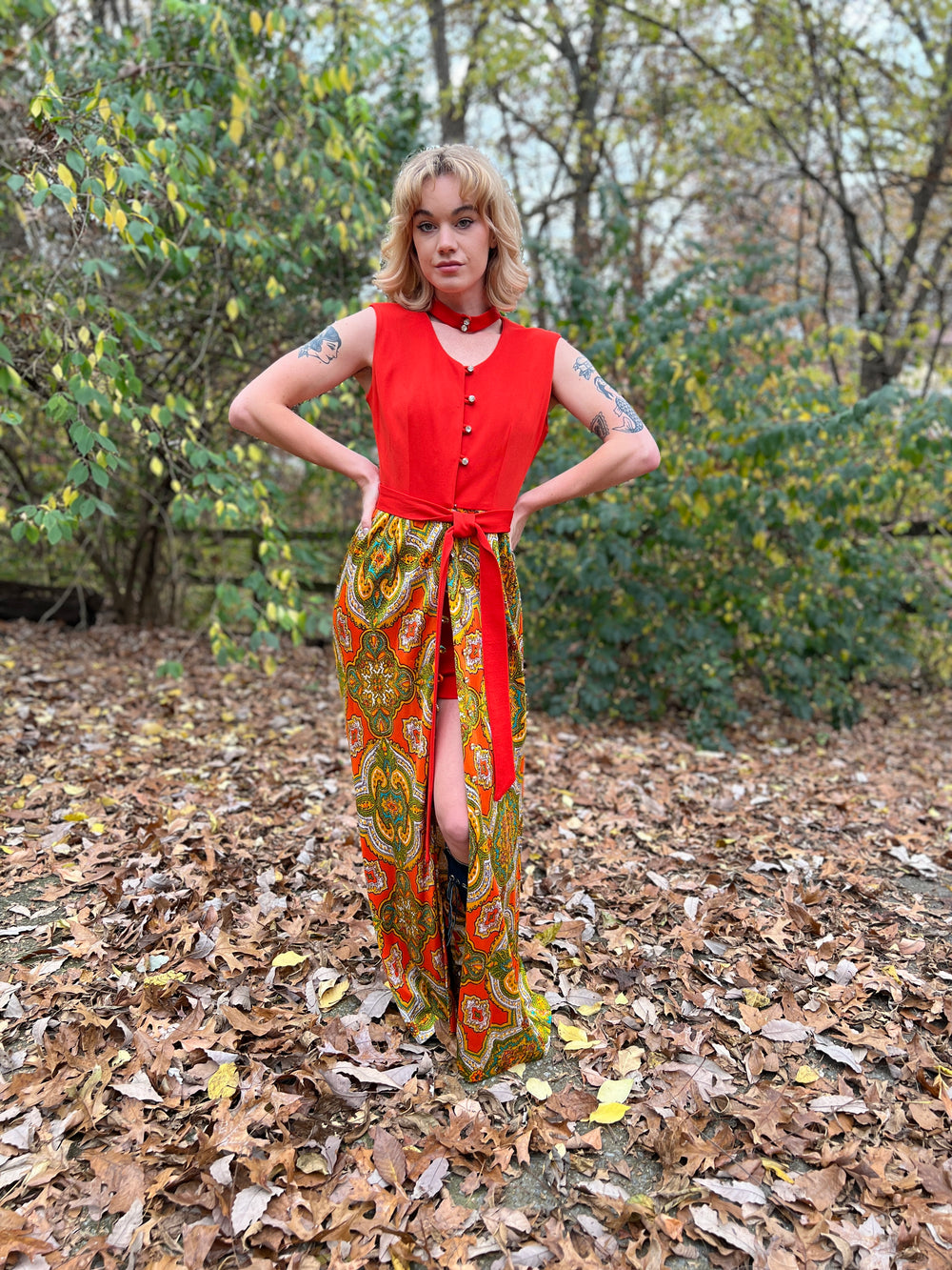 60s Vintage Orange Gold Nylon Paisley print Maxi Dress, Shorts Set 60s Vintage Orange Gold Nylon Paisley print Maxi Dress, Shorts Set