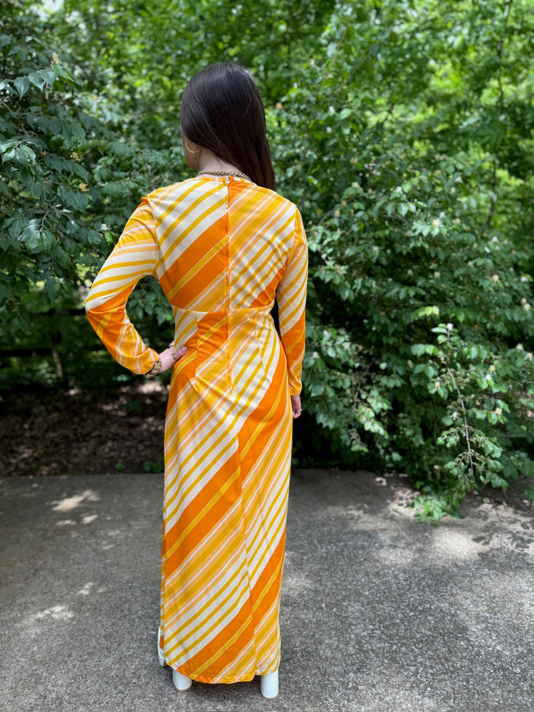 70s Yellow Orange Striped Nylon Maxi Dress, At Home Wear, Sears 70s Yellow Orange Striped Nylon Maxi Dress, At Home Wear, Sears