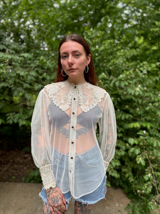 Vintage Ivory Blouse with Lace Collar,  Le Lace