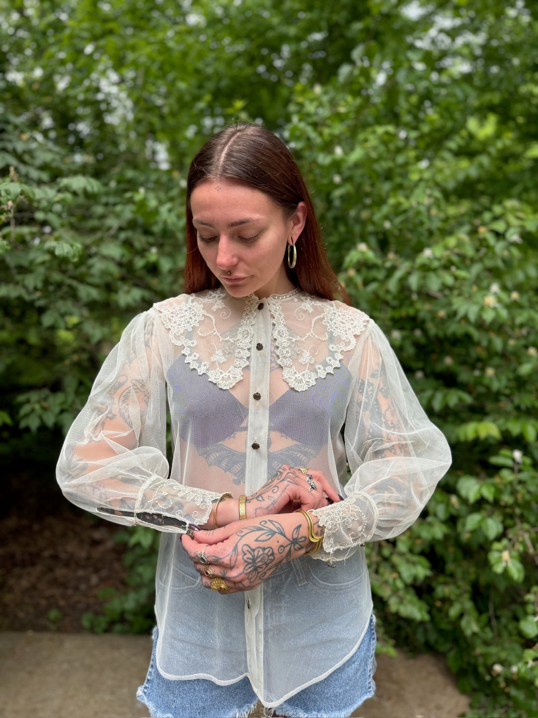 Vintage Ivory Blouse with Lace Collar,  Le Lace