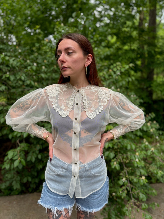Vintage Ivory Blouse with Lace Collar,  Le Lace