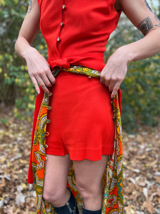 60s Vintage Orange Gold Nylon Paisley print Maxi Dress, Shorts Set