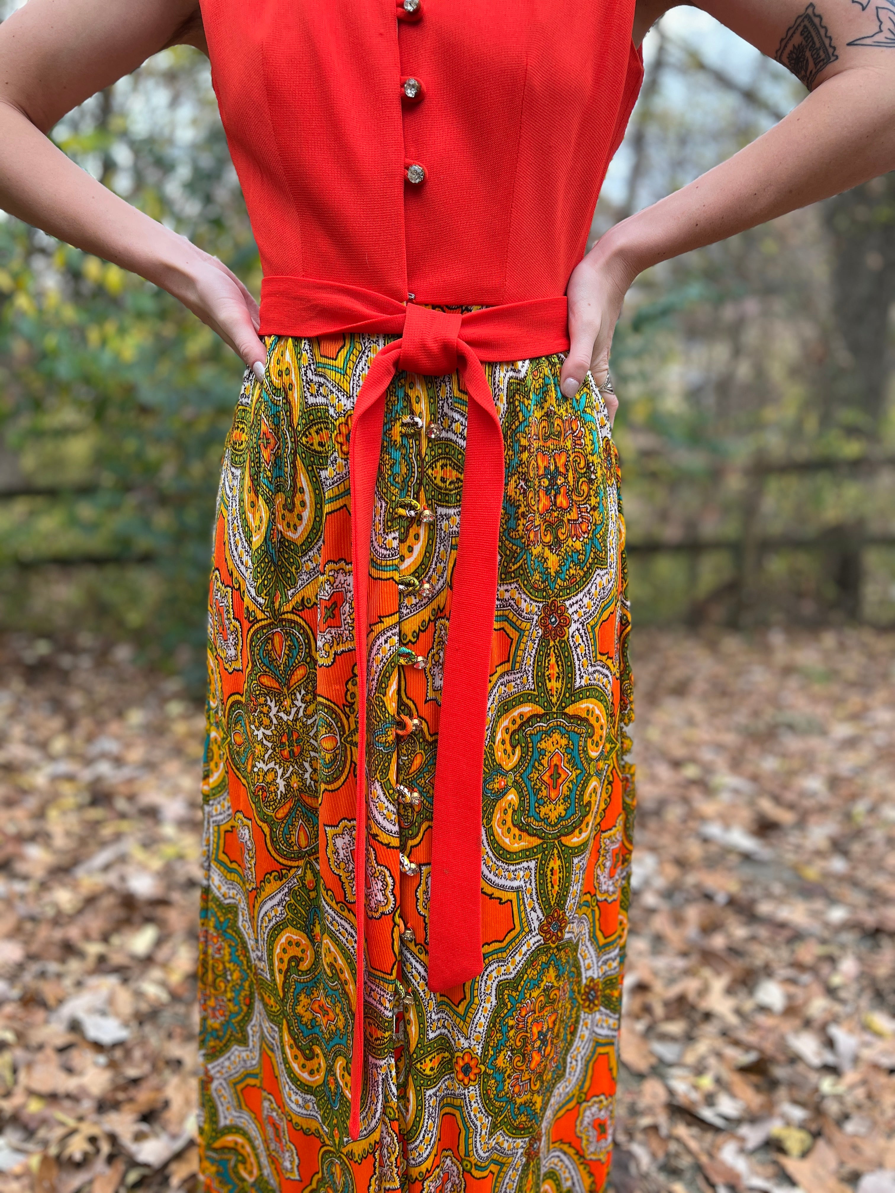 Vintage 1960s selling Maxi Dress, Size Small, Red and Green Paisley, Sleeveless